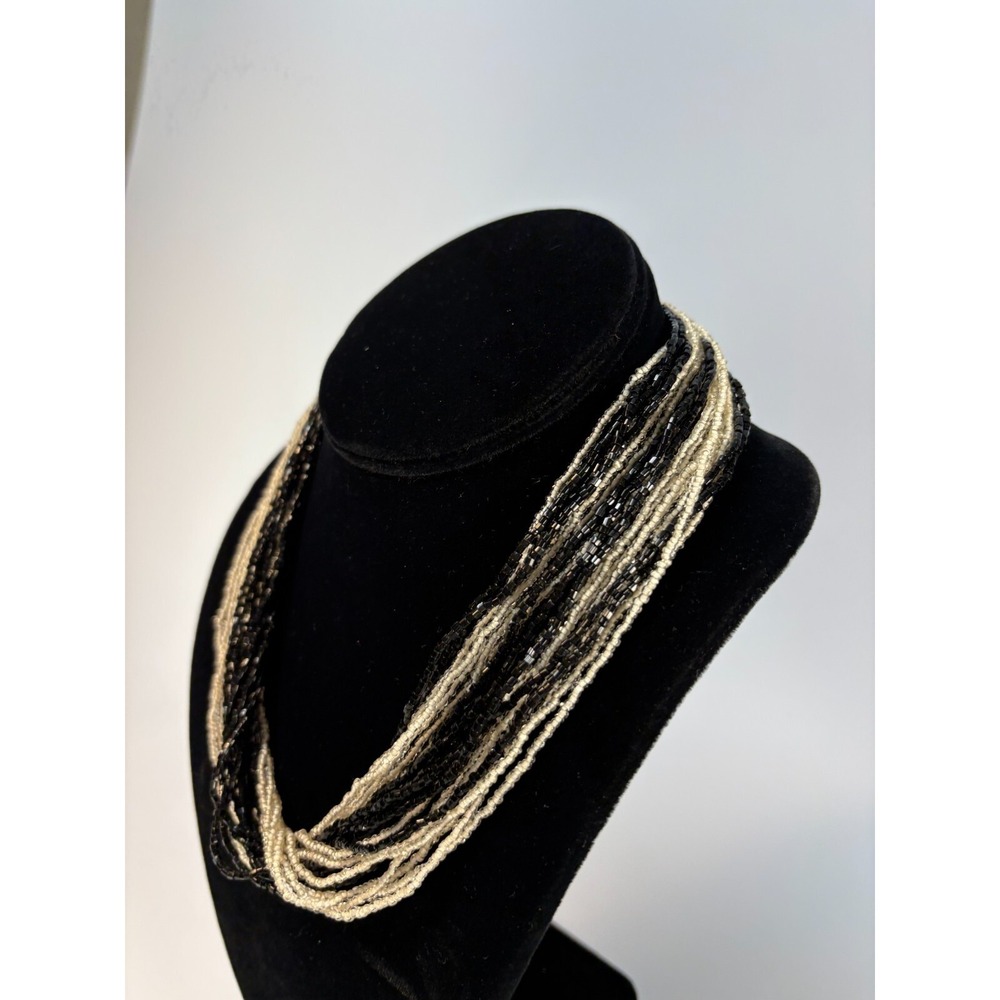 Necklace Black and White Statement Piece 16 in Dramatic Glass Seed Bead